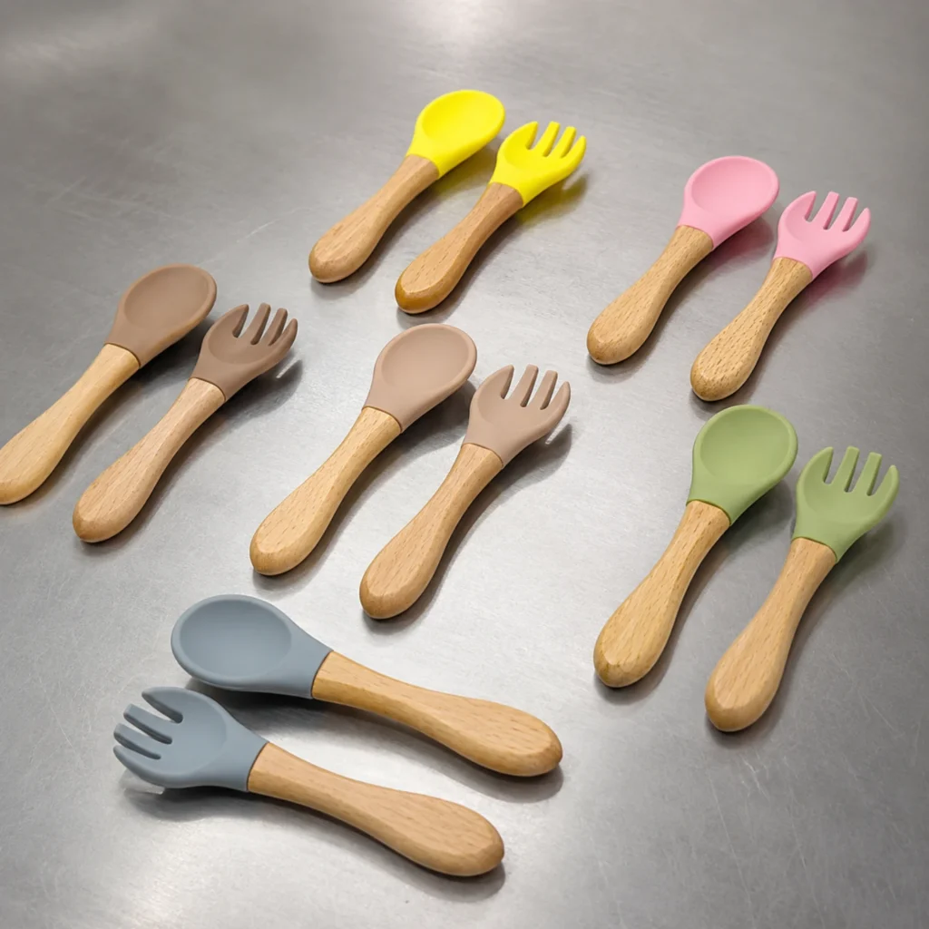 Wholesale Silicone Baby Spoon and Fork Set with Wooden Handle OEM Manufacturer (1)