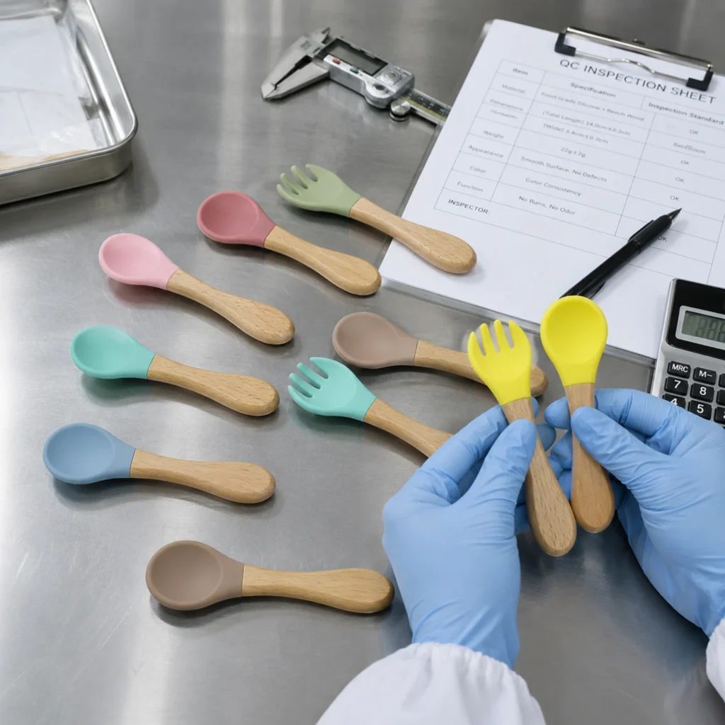 Custom Silicone Baby Training Spoon and Fork Set with Wooden Handle | OEM Manufacturer