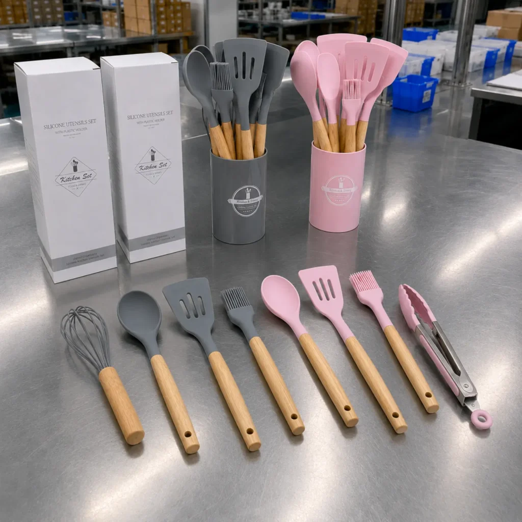 Wholesale Silicone Kitchen Utensil Set with Wooden Handles | 12-Piece OEM Cooking Tool Set