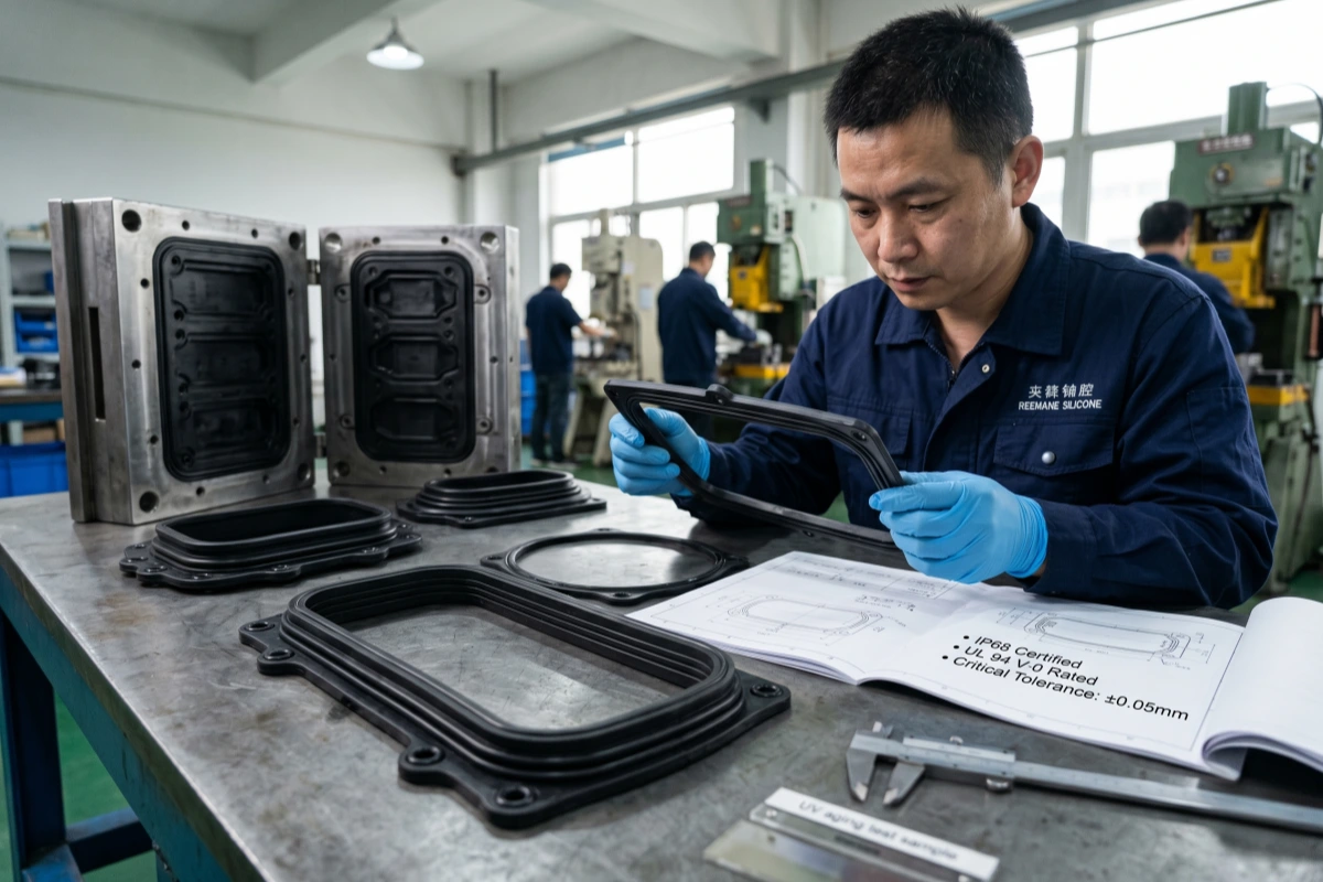 Chinese worker inspecting custom IP68 silicone seals for outdoor lighting at Reemane factory.